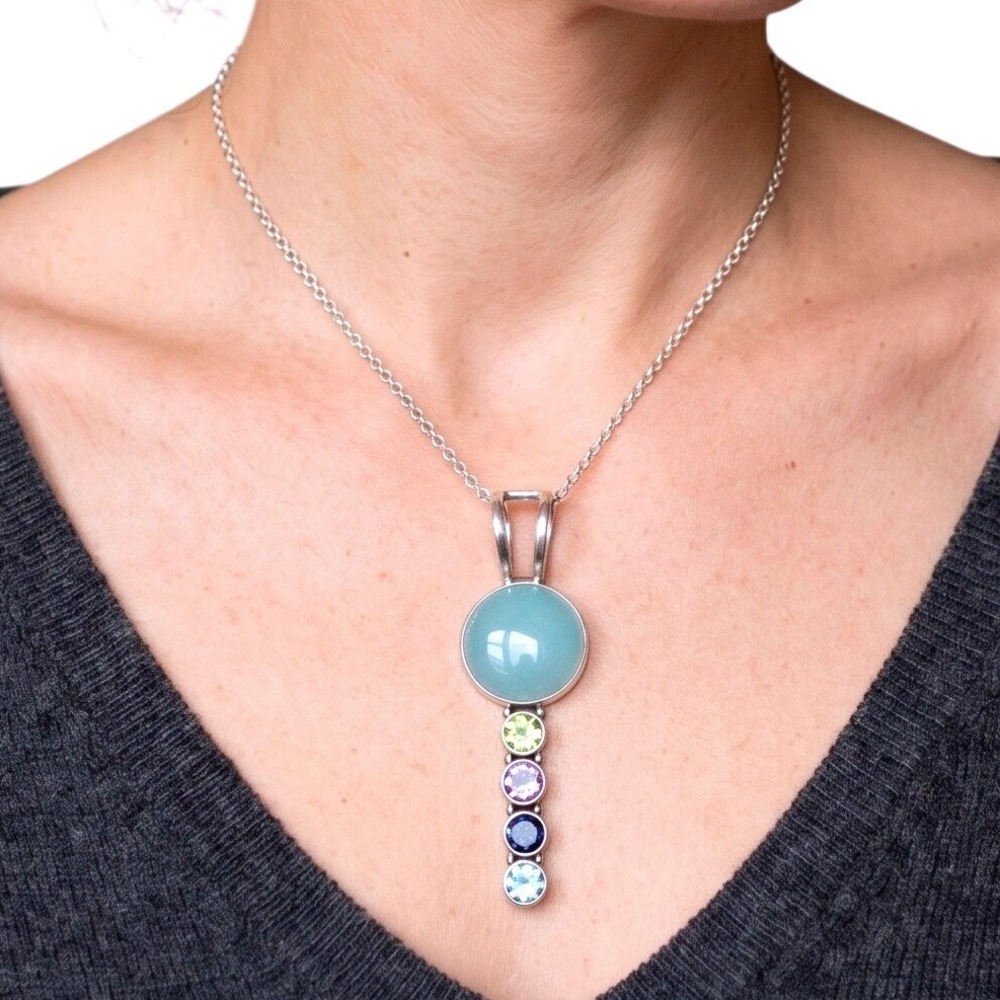 Vintage NOS 925 Sterling Silver Blue Chalcedony Multi Gemstone Mantra‎ Pendant